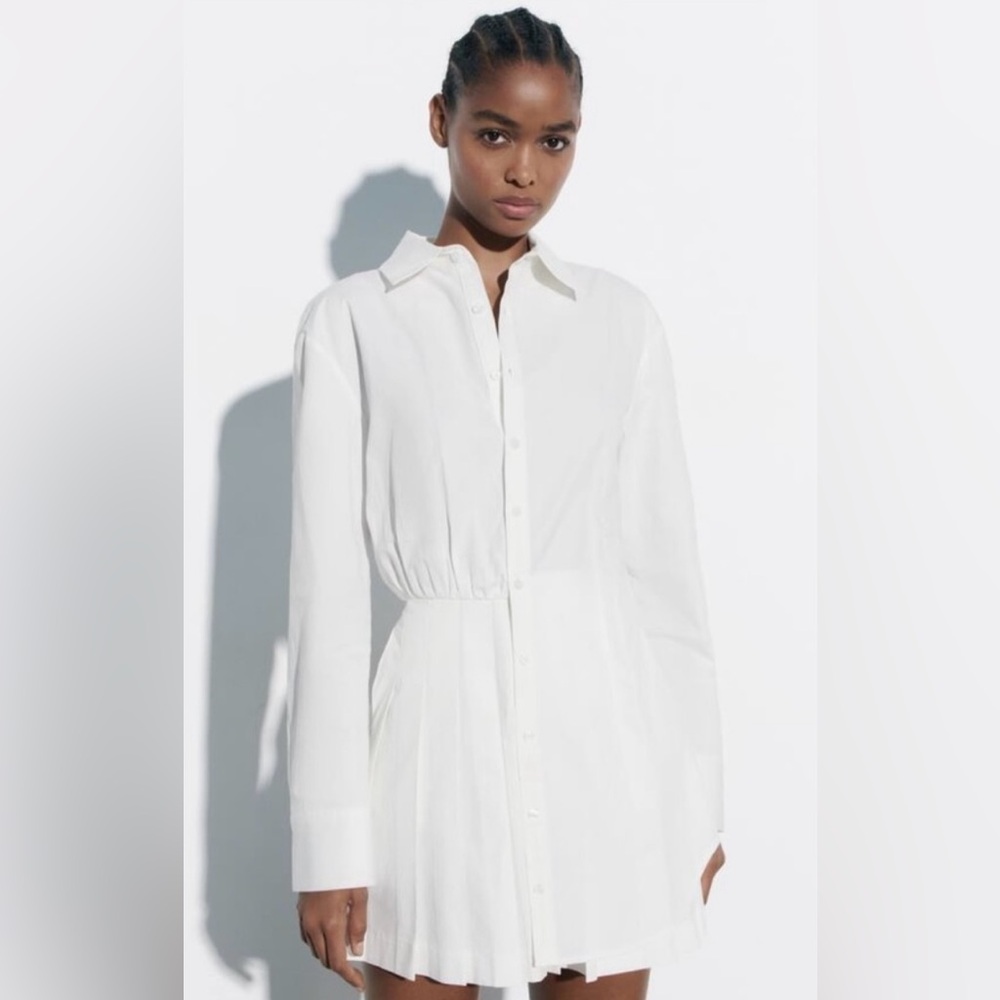 NWT. Zara White Cotton Short Shirt Dress. Size M - Picture 2 of 6